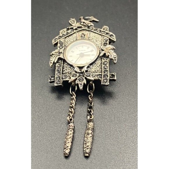 Vintage Watch Brooch/Pendant Lind Silver Tone Marcasite Cuckoo Clock Quartz 2.5" - Picture 7 of 7